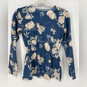 RONNER EQUESTRIAN PULLOVER SWEATER IN BLUE & BEIGE‎ W/HORSES & FLOWERS LOVELY